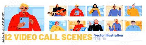 Set of people video call communication. Characters virtual online chat, conference, playing guitar, celebrate party. Friends group distant zoom meeting, Linear cartoon flat vector illustration