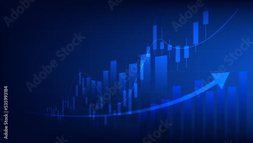 Financial business statistics with bar graph and candlestick chart show stock market price and effective earning on blue background © piggu