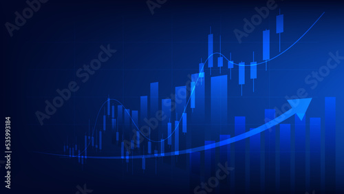 Financial business statistics with bar graph and candlestick chart show stock market price and effective earning on blue background