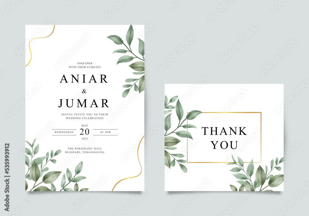 wedding invitation template with thank you card with watercolor leaves