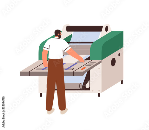 Typography worker and industrial laminator machine with paper roll. Work of professional equipment for laminating, device in polygraphy industry. Flat vector illustration isolated on white background