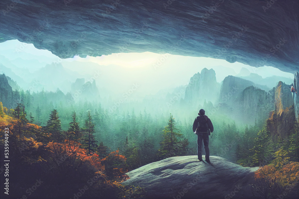 Obraz premium Intrepid traveler stands on cliff overlooking autumn forest and majestic light blue mountain range.