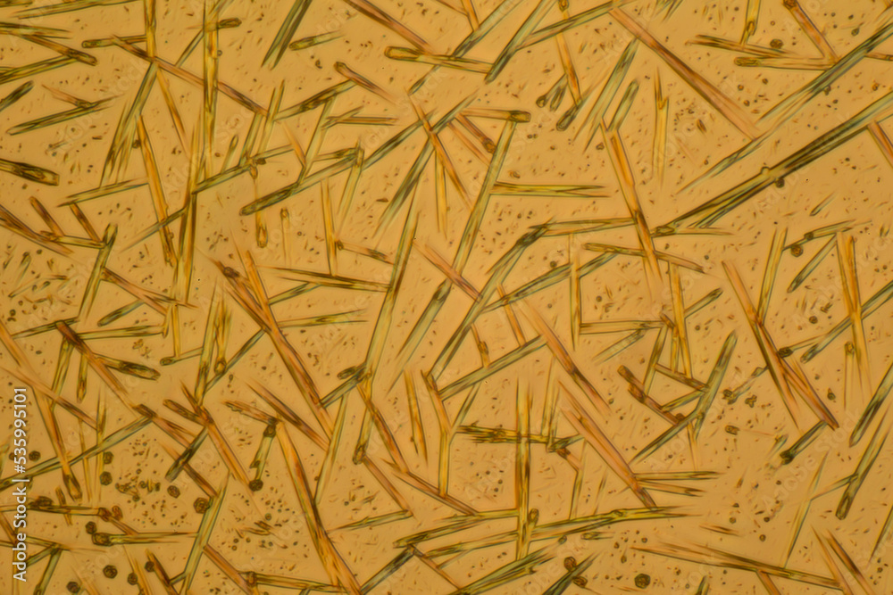 Obraz premium Crystals of substance caffein made by microscope in polarized light