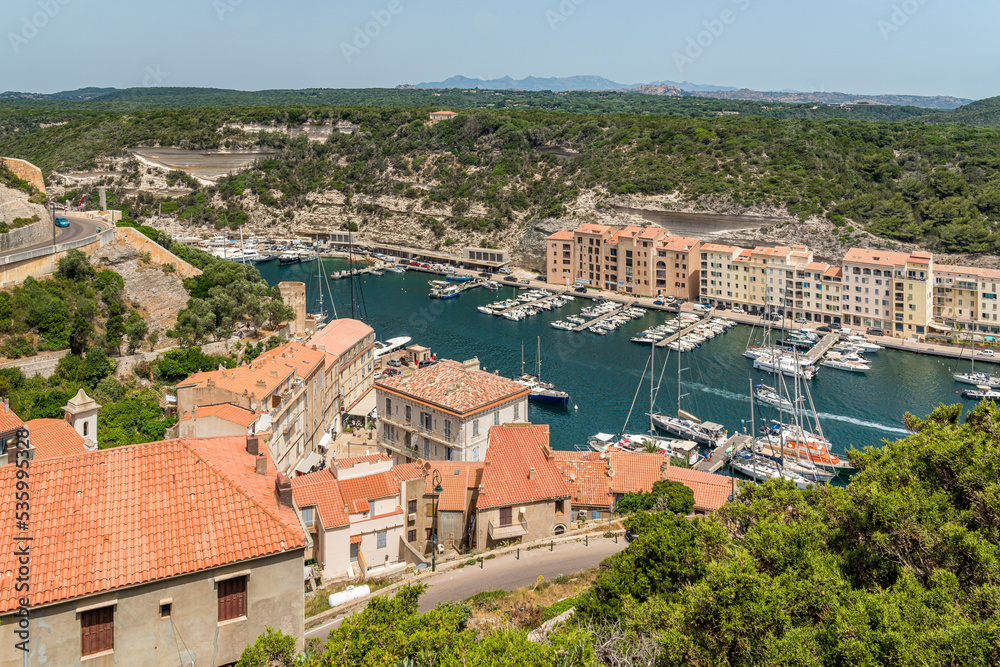 The The city of Bonifacio and its harbour on a sunny summer day. Southern Corse, France.