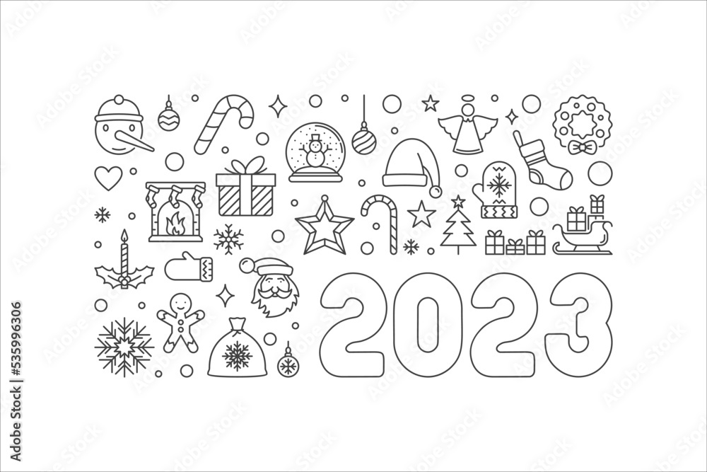 2023 New Year outline illustration - Xmas vector banner