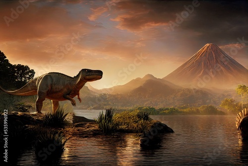 Velociraptor is a theropod dinosaur that lived in the Late Cretaceous period in Asia. Velociraptor dinosaur natural habitat with forests, lakes, and volcanoes. 3D rendering. © bennymarty