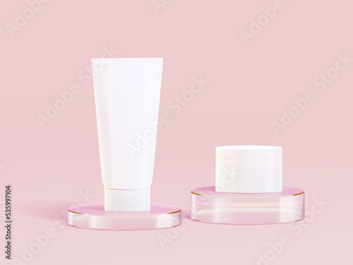 3d glass podium. Beauty product display cosmetic minimal scene. Vector cosmetic promotion stage.