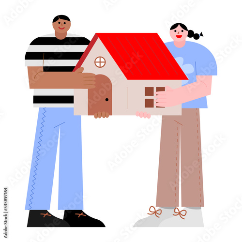 Man and woman holding house vector illustration in flat color design