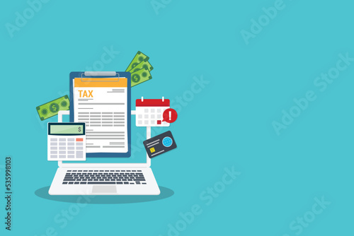 Tax payment. Mobile payment service. Data analysis, paperwork, financial research report and calculation of tax return. Payment of debt. Vector illustration