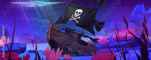 Wreck pirate ship, sunken filibuster vessel, wooden boat with jolly roger flag on ocean sandy bottom with sun beams falling from above, underwater world pc game background. Cartoon vector illustration