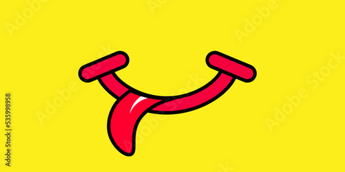 Yummy smile face with red tongue lick and saliva. Vector laugh cartoon slobber sign, icon. Delicious, hungry, tasty eating. Lips or lips symbol. licking logo. Savour eating.