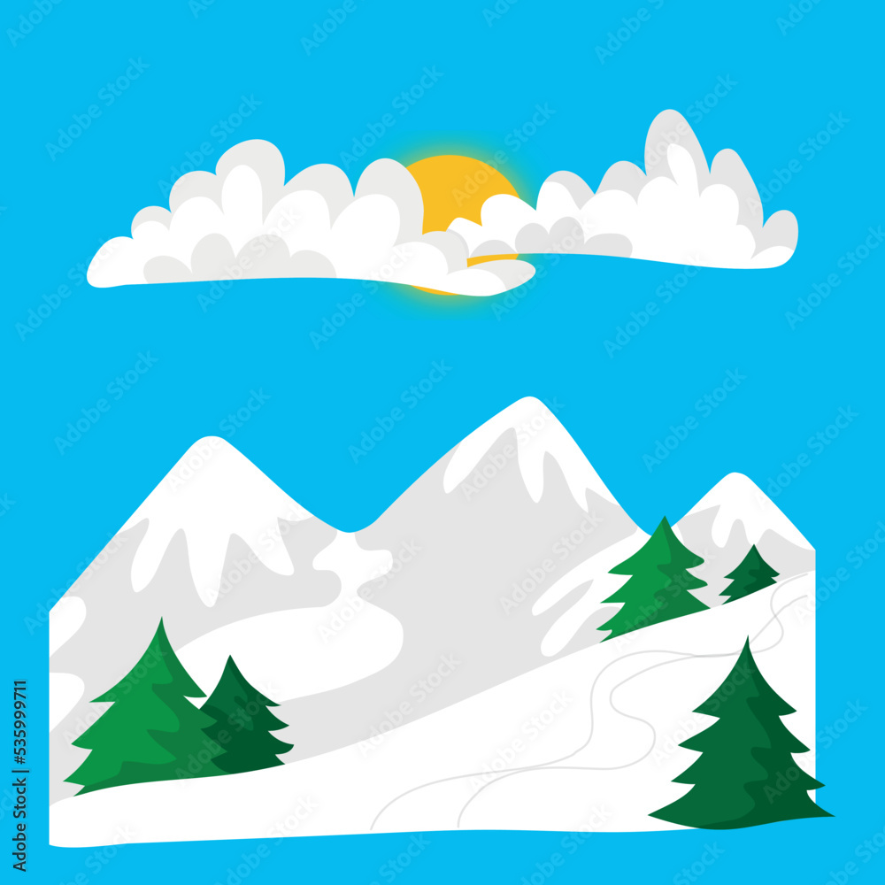 Winter landscape, snow mountains with fir trees, clouds and sun. Illustration