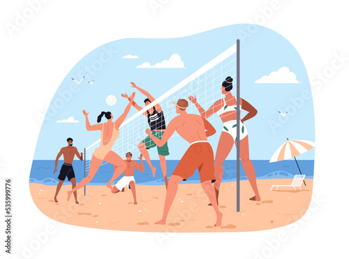 Summer beach volleyball. Young people friends playing volley ball with net on sand court at sea shore, seaside on summertime holiday. Flat graphic vector illustration isolated on white background