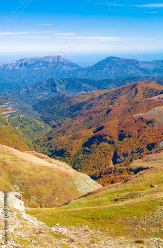 Monti della Laga (Italy) - High peaks in the mountain range Monti della Laga, Lazio and Abruzzo region, named Pizzo di Sevo and Cima Lepri, over 2400 meters, during autumn foliage.