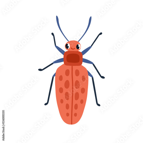 Cute bug top view. Funny happy beetle with smiling positive face expression. Childish adorable lovely insect character. Flat vector illustration isolated on white background