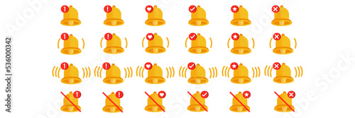 Notification bell icon set. Vector ringing bell icon and notification sign for alarm clock and smartphone application alert or new message.