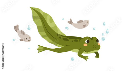 Cute tadpole swimming in water. Little baby frog floating. Green amphibian, adorable froggy animal. Happy smiling larval character. Flat cartoon vector illustration isolated on white background