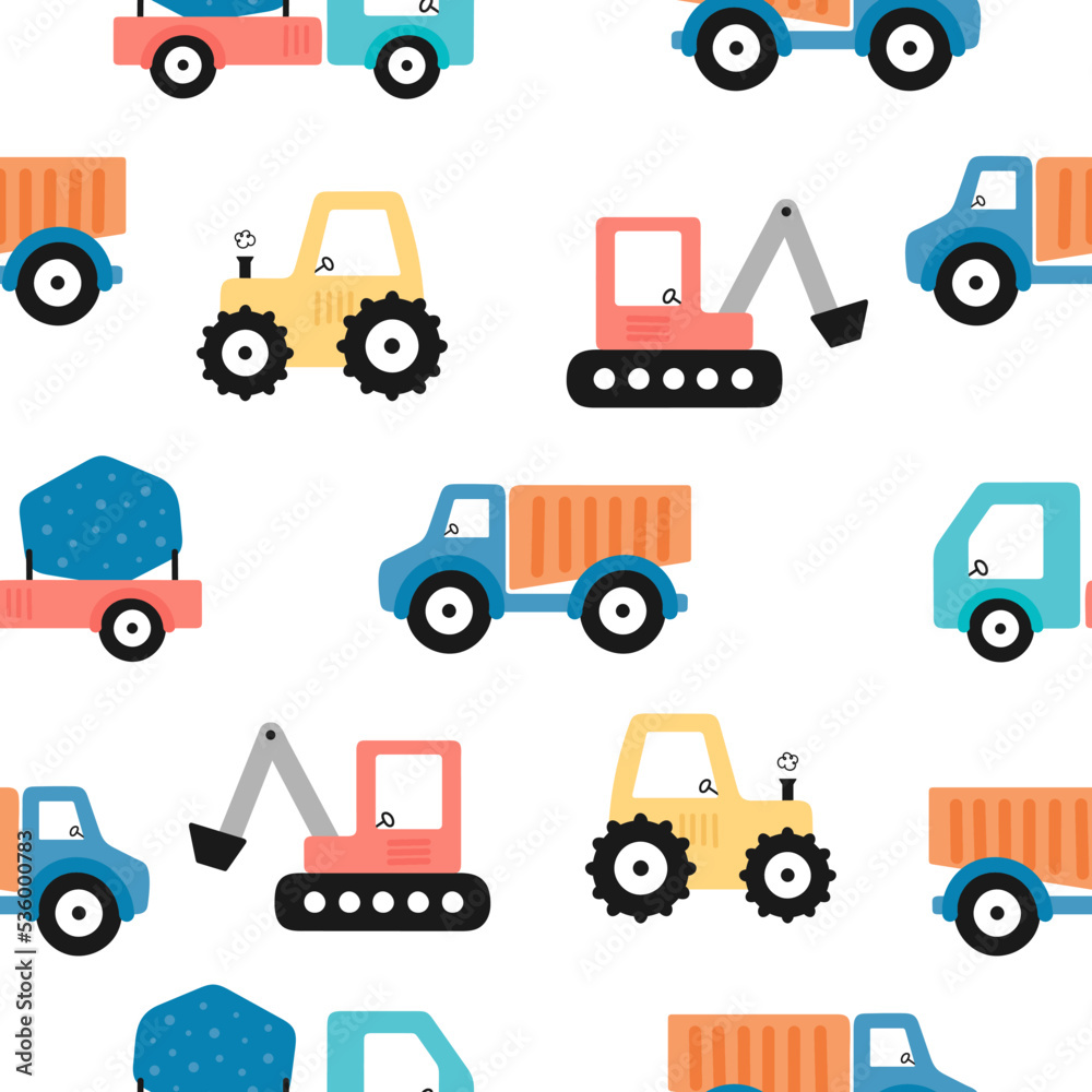 Seamless pattern with construction vehicles. Vector illustration in cartoon style. For kids design, card, posters, banners, printing on the pack, printing on clothes, fabric, wallpaper. Seamless pattern with construction vehicles. Vector illustration in cartoon style. For kids design, card, posters, banners, printing on the pack, printing on clothes, fabric, wallpaper.