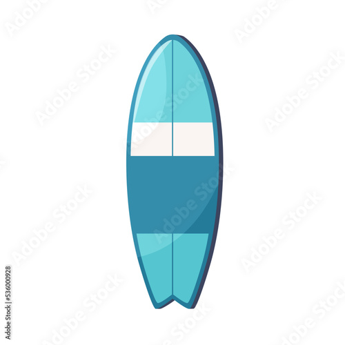 Fish-like surfboard, short water board. Thick hybrid shortboard top view. Beach sport fishtail-style item for summer extreme surfing. Flat graphic vector illustration isolated on white background