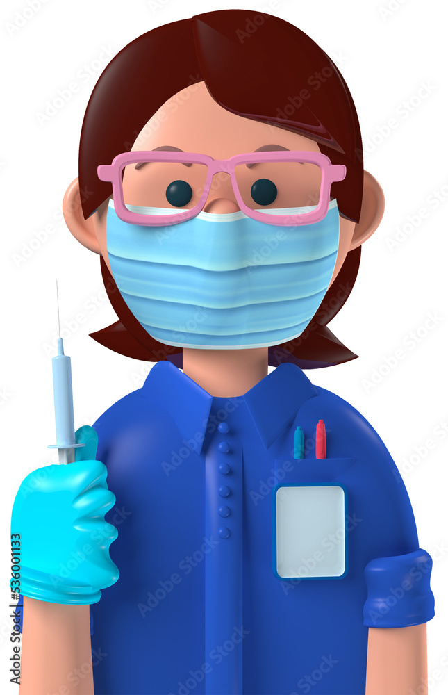 Cartoon character 3d avatar caucasian female nurse with vaccination syringe isolated Cartoon character 3d avatar caucasian female nurse with vaccination syringe isolated