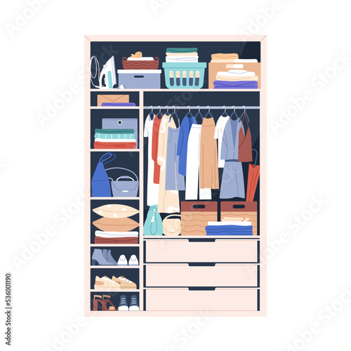 Wardrobe, closet full of clothing, shoes, bags, accessories. Open cupboard with garment rail, boxes, ordered folded stuff, wearing on shelves. Flat vector illustration isolated on white background