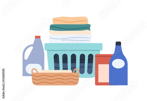 Laundry in basket, detergents in bottles. Tidy clean clothes, neat linen stack in container and washing chemicals, powder and gel packages. Flat vector illustration isolated on white background