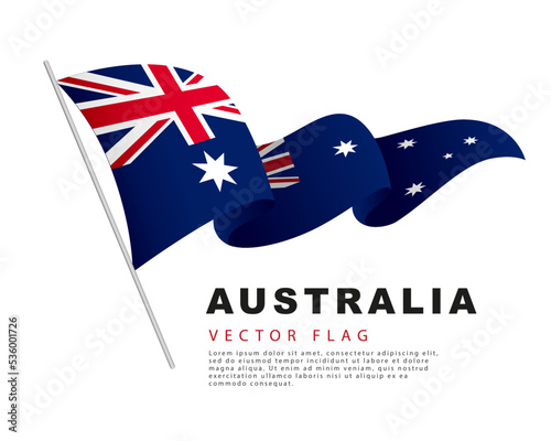 The flag of Australia hangs on a flagpole and flutters in the wind. Vector illustration isolated on white background.