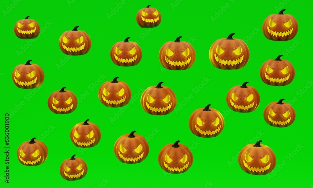 3D illustration, pattern of yellow halloween pumpkins, green background, 3D rendering.