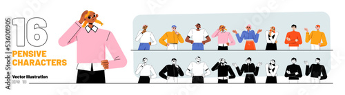 Set of 16 pensive characters isolated on white background. Flat vector illustration of color and black and white young men, women thinking, making decision or choice with thoughtful face expressions