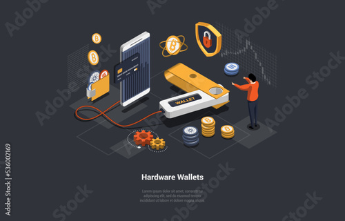 Cryptocurrency Safe Storage And Hardware Offline Wallet For Crypto. Crypto Trader Hold Cryptocurrency On Non-Custodial Wallet To Avoid Hacker Attack And Steal Money. Isometric 3d Vector Illustration