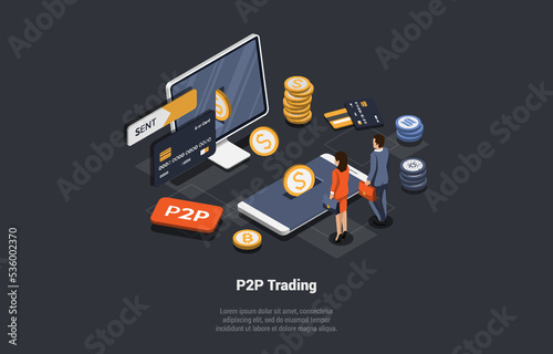 P2P, Peer to Peer Online Platform For Exchanging Cryptocurrency, Financial Technology Concept. Business People Directly Exchanging Digital Money Via Smartphone App. Isometric 3d Vector Illustration