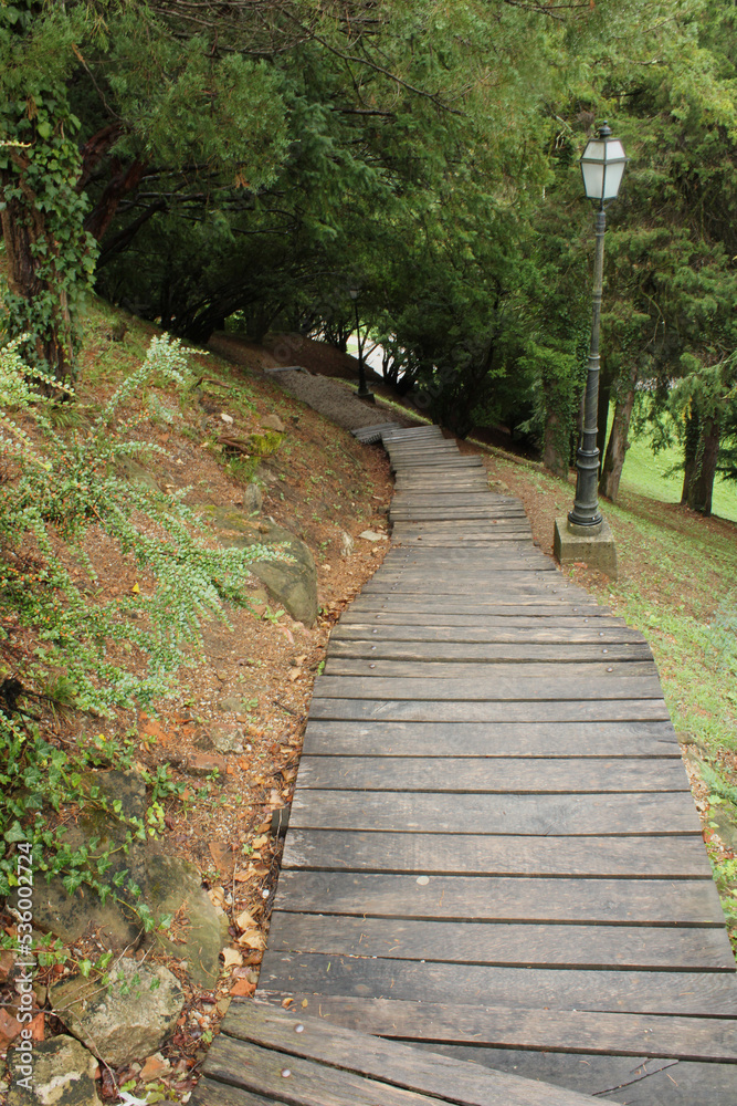 Wooden path down the hill through the forest Wooden path down the hill through the forest