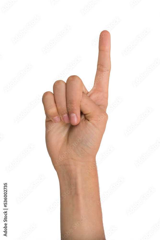 Hand with the index raised for attention or forming the number one, ioslated on transparent background Hand with the index raised for attention or forming the number one, ioslated on transparent background