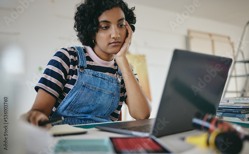 Cuadro en lienzo Laptop, woman and bored student on desk in home, tired or exhausted working on project