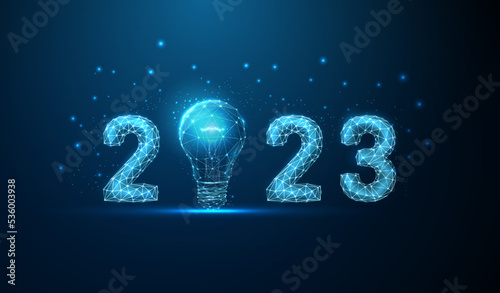 Abstract Happy 2023 New Year greeting card with light bulb