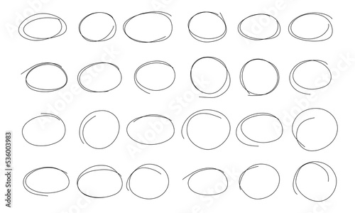 Sketch highlight ovals line. Doodle hand drawn Marker highlight scrawl circles. Marker sketch line. Highlighting text and important objects. Round scribble frames. Stock vector illustration on white.