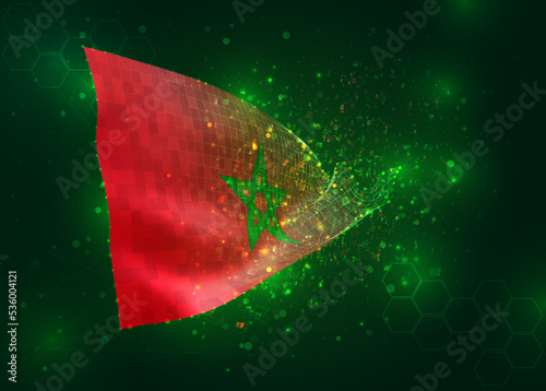 Morocco  on vector 3d flag on green background with polygons and data numbers