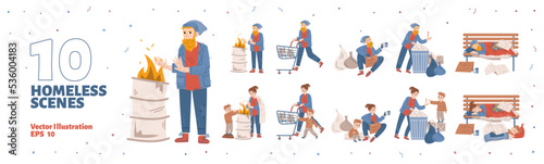 Scenes with homeless people, beggars living on city street. Hobo characters, sad needy mother with son and lonely man sleep on bench, dig in trash and begging, vector hand drawn illustration