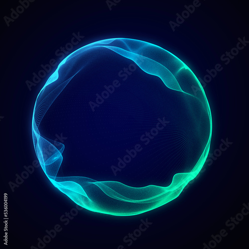 Spherical equalizer for music. Round sound wave of particles. Musical abstract creative element. 3D rendering.