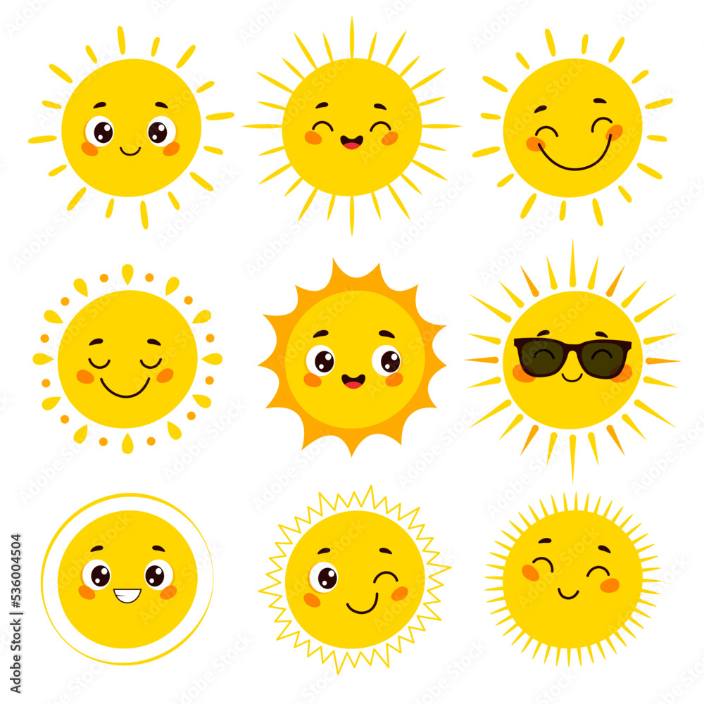 Cute cartoon sun emoji collection. Sunny smiling faces vector set
