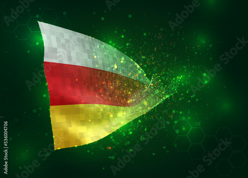 South Ossetia, on vector 3d flag on green background with polygons and data numbers
