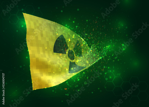 Atomic, on vector 3d flag on green background with polygons and data numbers