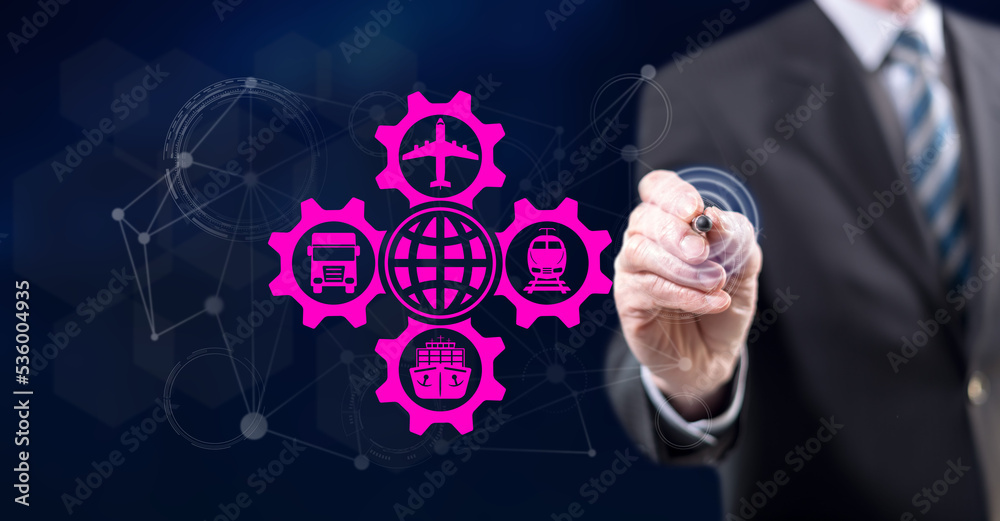 Man touching a global transportation concept Man touching a global transportation concept