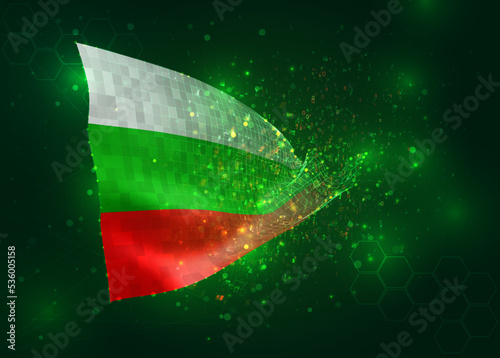 Bulgaria  on vector 3d flag on green background with polygons and data numbers