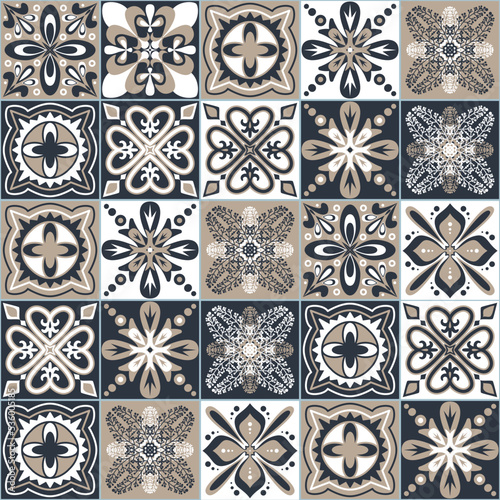 Azulejo talavera black beige white ceramic tiles majolica pattern, vector illustration, arabic traditional background for design