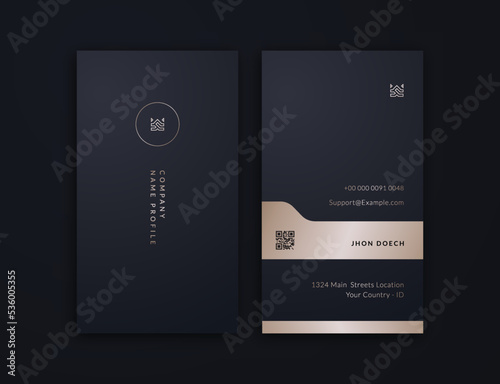 business card, dark blue and gold vertical card name, vertical luxury editable business card template