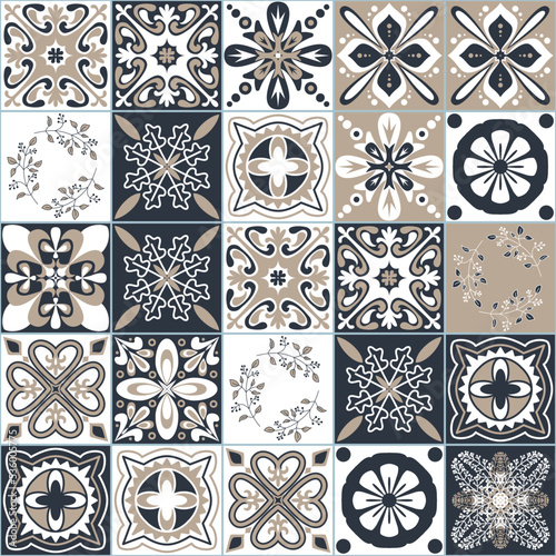Black beige white seamless pattern for ceramic tiles in Moroccan Arabic style, illustration for interior decoration