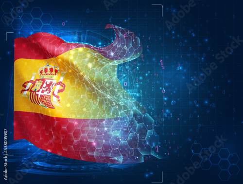 Spain,  vector flag, virtual abstract 3D object from triangular polygons on a blue background