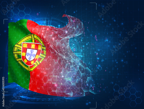 Portugal,  vector flag, virtual abstract 3D object from triangular polygons on a blue background