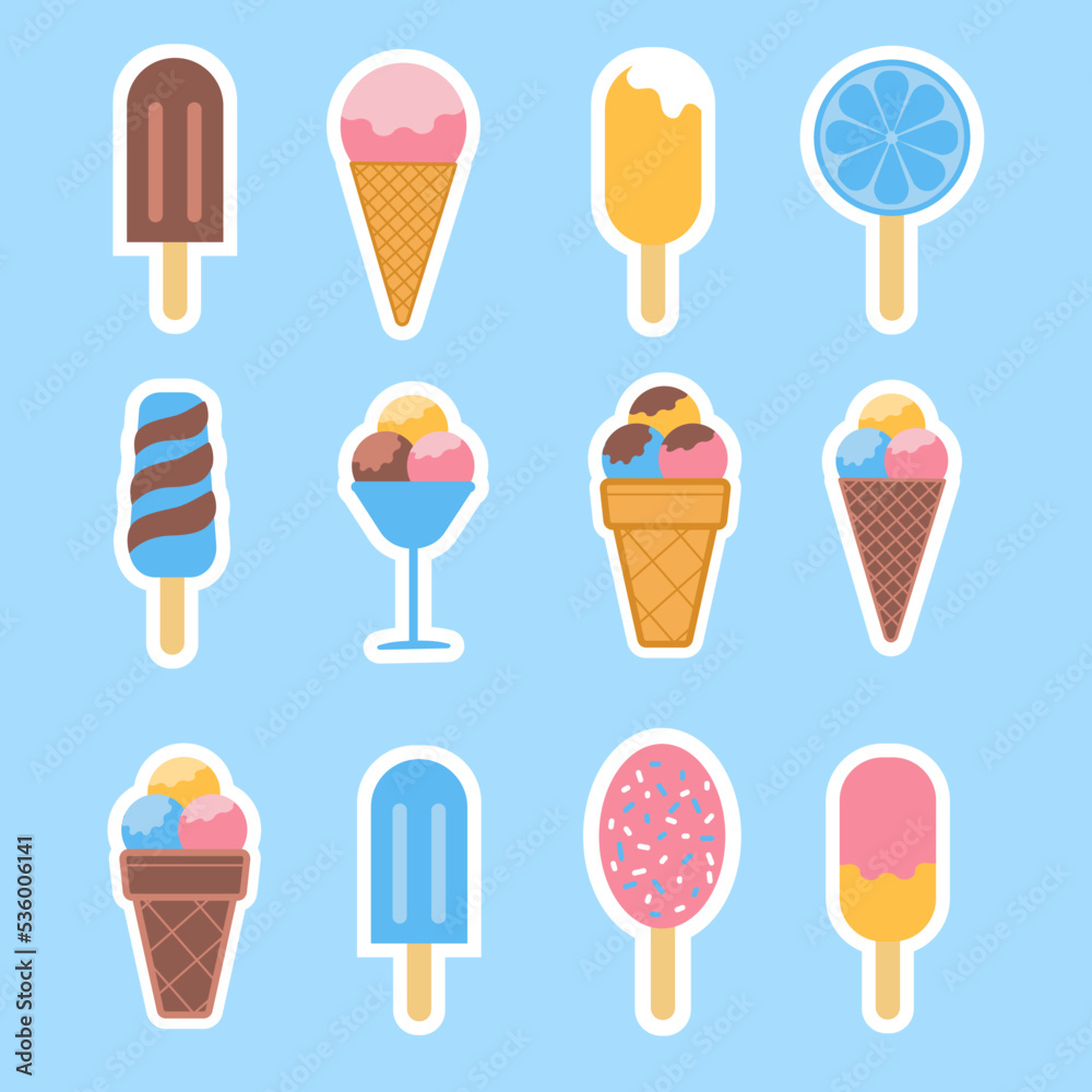 Fruit scoop of ice cream in waffle cone sticker pack icon, flat design vector illustration set of sticker icons on blue background Fruit scoop of ice cream in waffle cone sticker pack icon, flat design vector illustration set of sticker icons on blue background